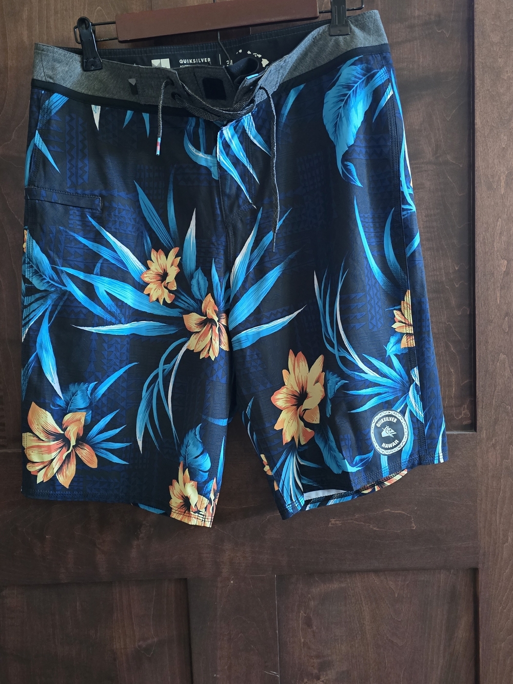 Quiksilver Black Swim Board Shorts with Blue and Yellow Floral Print